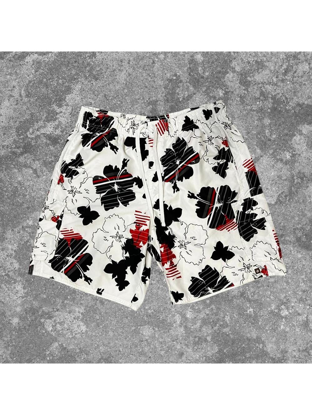 Hang Ten Floral Swim Trunks Mens XXL Black White Red Hibiscus Beach Shorts